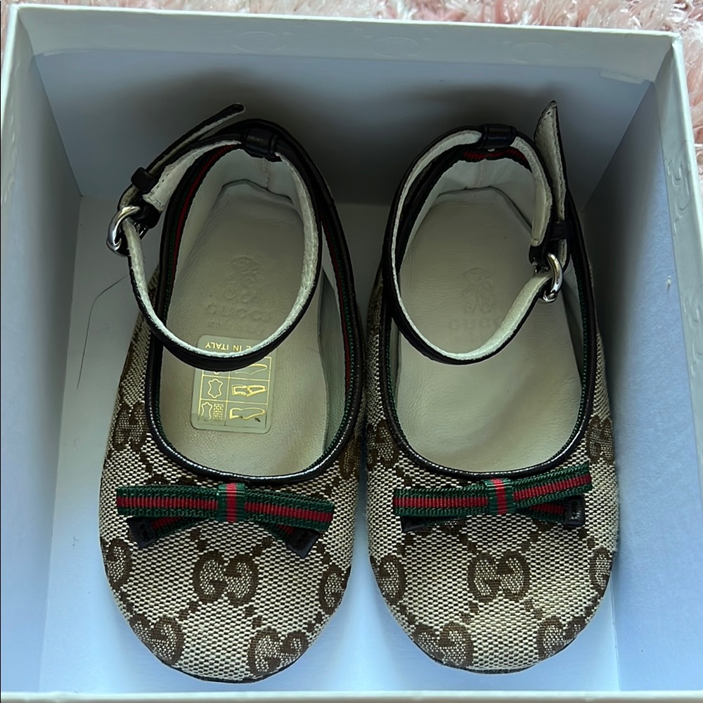Gucci Girls Brown GG Canvas Mary Jane with Green-Red Ribbon
